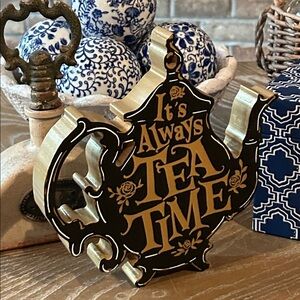 NEW! Gothic Tea Party Mad-hatter Black & Metallic Gold Tea Time Wood Teapot Sign